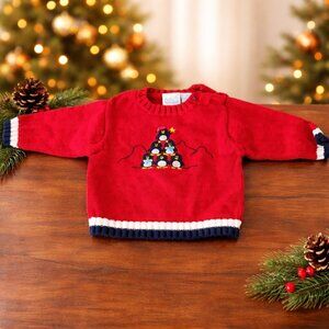 First Moments Baby Christmas Sweater Red Penguin Tree 6–9 Months 100% Cotton